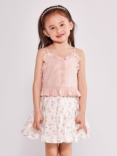 

little girl's ruffled suspender and printed skirt she, White