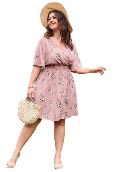 

plus allover floral print shirred waist overlap collar dress d9zn#, Black