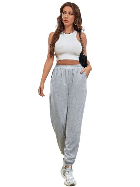 

elastic waist slant pocket sweatpants a5yd#, Black;white