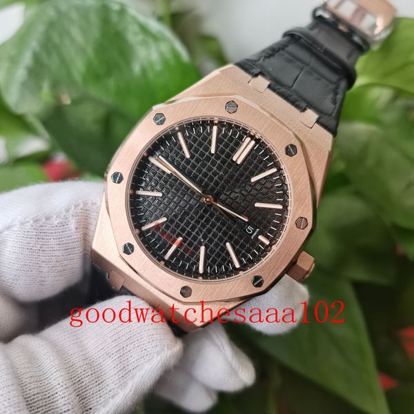 

men wristwatches automatic eta 2813 movement 18k rose gold black dial 41mm leather strap bands bracelet mechanical transparent men's wr, Slivery;brown