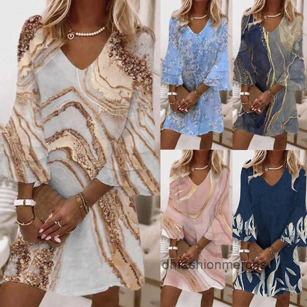

ruffles womens dresses sleeve marble printed v neckline loose summer mini dress feminine elegant casual beach party clothing, Black;gray
