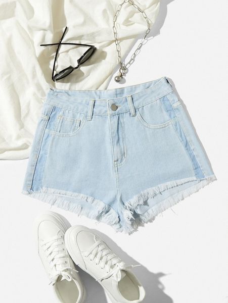 

light wash frayed hem denim shorts j513#, White;black