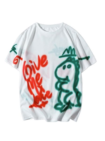 

men cartoon dinosaur & slogan graphic tee g3x2#, White;black
