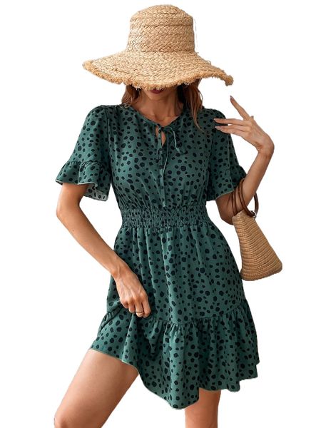 

dalmatian print tie back shirred ruffle hem dress c1pi#, Black;gray