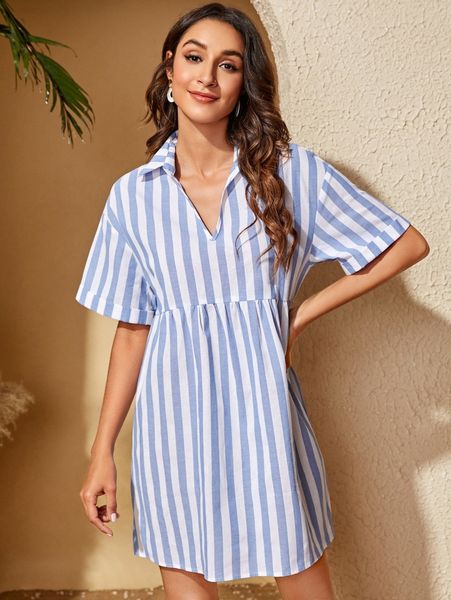 

striped print drop shoulder smock dress c6iw#, Black;gray