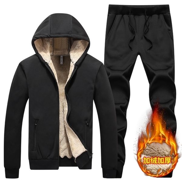 

winter men casual sets solid color zipper mens sportswear hooded tracksuit jacketpants warm thick velvet sports suit 201128, Gray