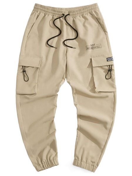 

men letter patched detail flap pocket drawstring waist cargo pants o33h#, Black