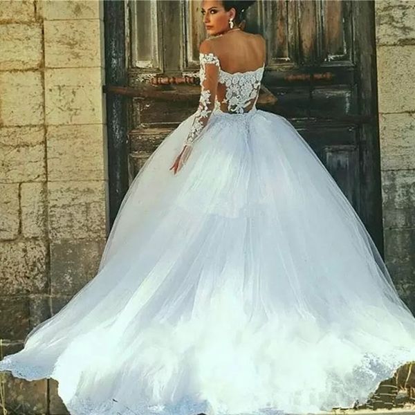 

arabic ball gown wedding dresses illusion long sleeves lace sheer tulle formal bridal gowns vestido de noiva, White