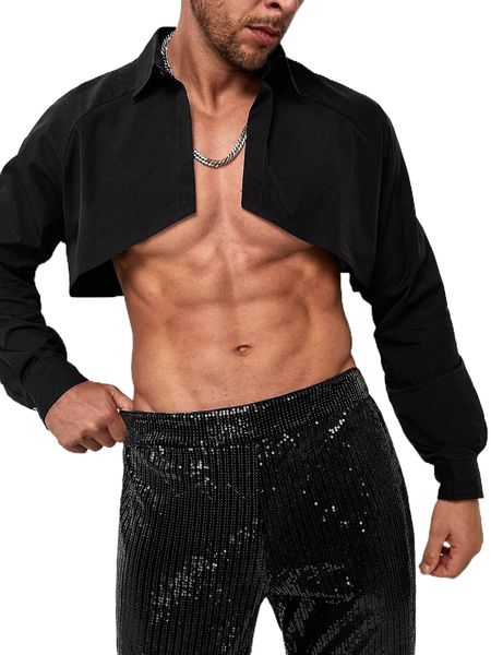 

men raglan sleeve open front super crop shirt u1vr#, White;black