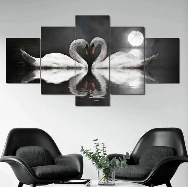 Swan -Paar Vollmond 5 Panel Leinwand Bilddruck Wandkunst Leinwand Malerei Wanddekor für Wohnzimmer Poster ohne gerahmt