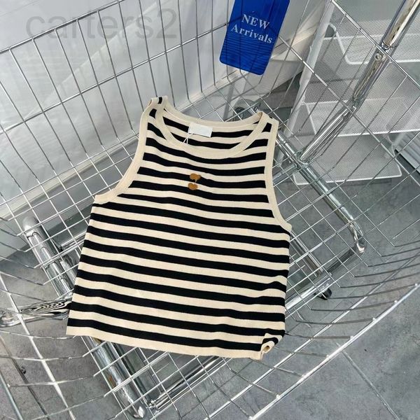 

women's tanks & camis designer 22 spring and summer new ce chest leather label stripe contrast color aging fashion knitted vest with fe, White