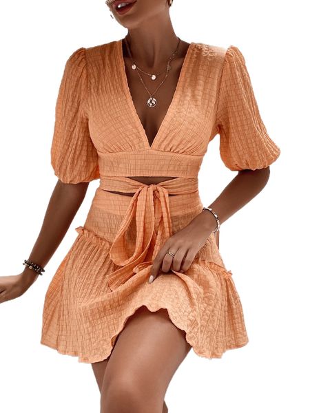 

textured deep v-neck knot front & frill ruffle hem skirt w8ks#, White