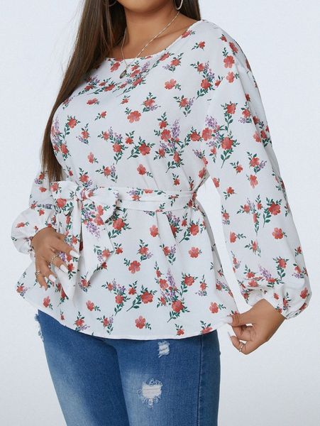 

plus floral print lantern sleeve belted blouse n2li#, Black