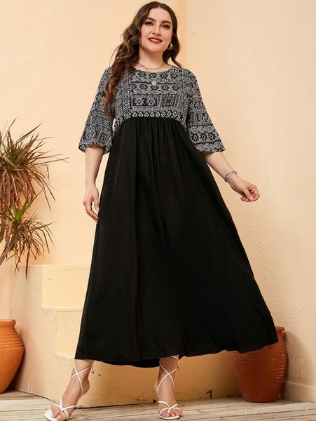 

plus geo print flounce sleeve dress e9r3#, Black