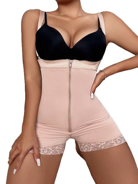 

zip up contrast lace shapewear romper bodysuit j3fr#, Black;red