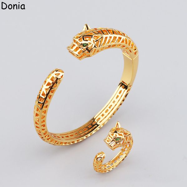 

donia jewelry luxury bangle european and american fashion exaggerated hollow leopard micro-set green fritillary designer ring set, Black