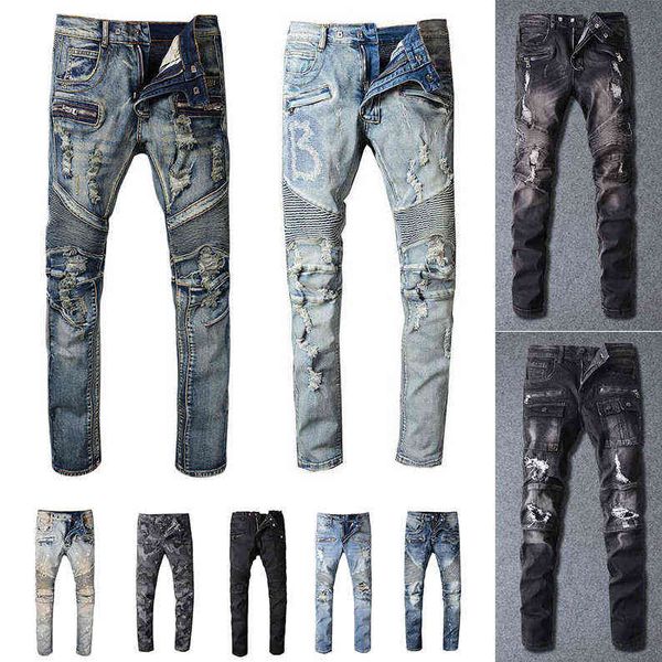 

mens designer jeans distressed ripped biker slim fit motorcycle bikers denim men s fashion mans black pants pour hommes, Blue