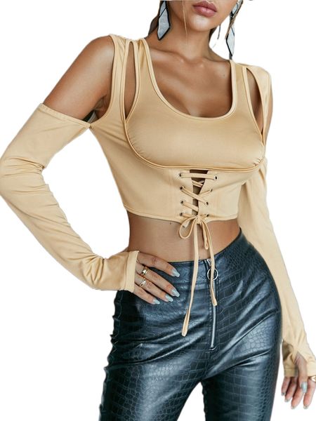 

glamaker cut out cold shoulder grommet lace up crop with thumb hole o57x#, White