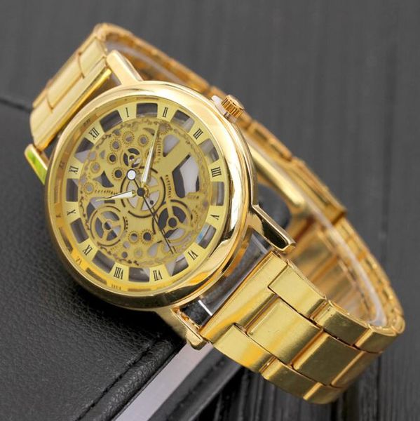 

fashion sport men watch women quartz wristwatch skeleton hollow stainless steel band non machine army male clock, Slivery;brown