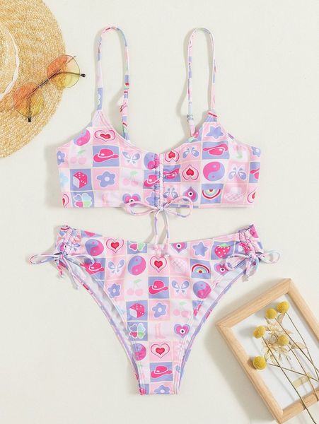 

mixed pattern tie front bikini swimsuit w1mj#, White;black