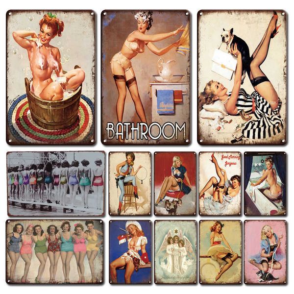 

shabby chic shower room metal poster tin sign vintage pin up girl metal plate bathroom decoration accessories home decor