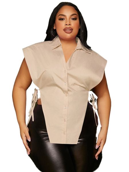 

sxy plus button front knot side asymmetrical hem blouse a4s0#, Black