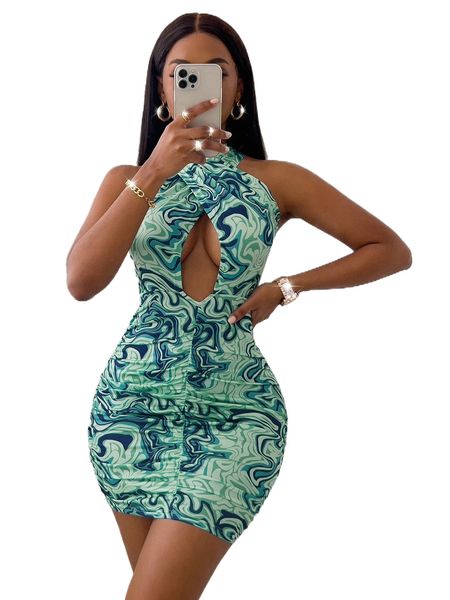 

random allover print cross wrap ruched tie backless bodycon dress b1mf#, Black;gray