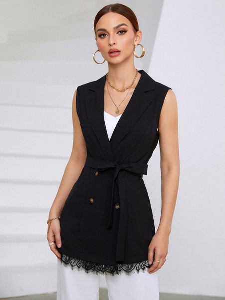 

double breasted eyelash lace hem belted vest blazer v676#, White