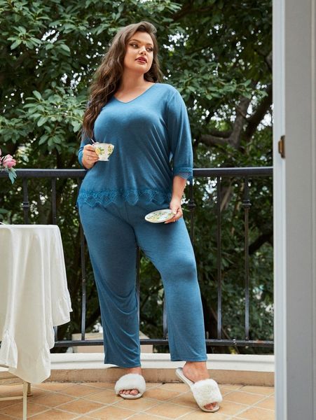 

plus v-neck lace detail & pants pj set x0ds#, Black;white