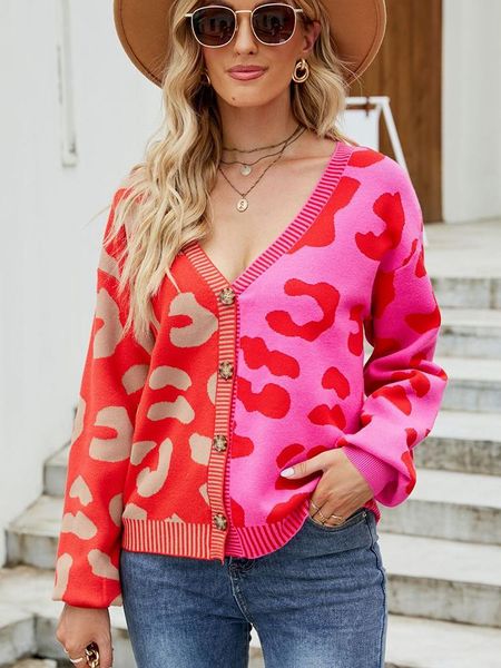 Damenstrick-T-Shirts Herbst-Winter-Rosa-Leopard-Druck-Cardigan-Frauen-Strickpullover mit V-Ausschnitt weiblich 2022 lockerer Knopfmantel warm für WomenWome