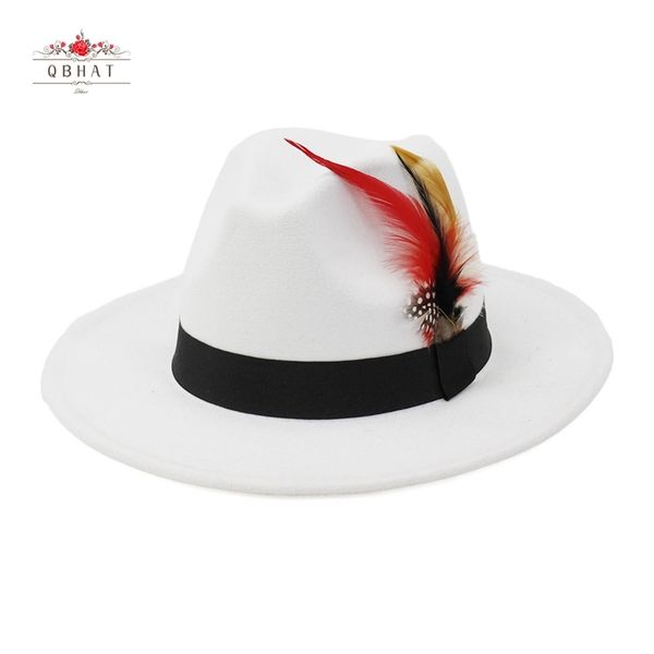 

qbhat artificial wool fedora hats women men felt vintage style with feather band white hat flat brim jazz panama cap 220513, Blue;gray