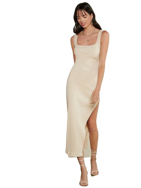 

solid rib-knit split high dress c5l4#, Black;gray