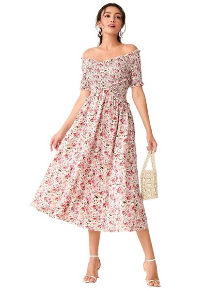 

ditsy floral print off shoulder shirred dress m4hf#, Black;gray