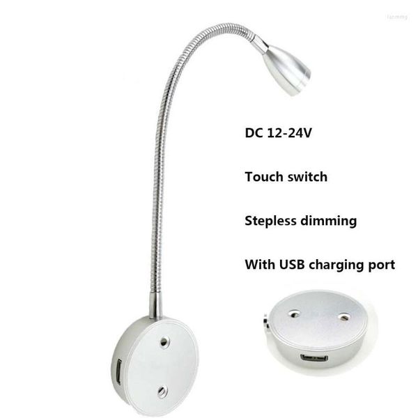 Lampada da parete Touch Dimmer continuo LED Porta USB ricaricabile DC 12V 24V Tubo flessibile Faretto El Camera da letto Cucina Comodino Lampada da letturaParete