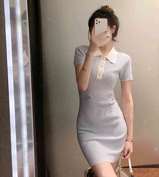 

casual dresses 2022 summer style polo collar skirt children's salt gentle french slim knit dress 9pgc, Black;gray