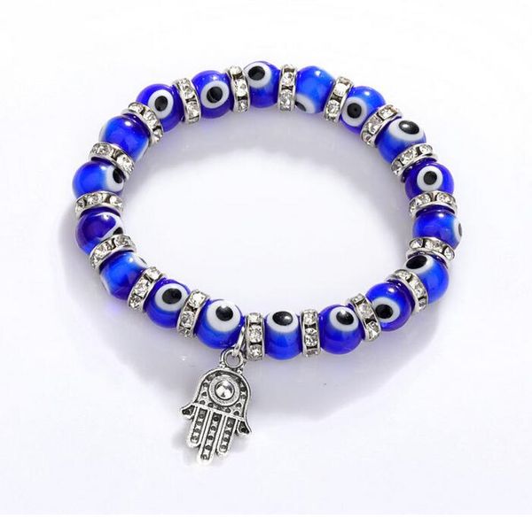 8MM Turchia Evil Blue Eyes Fili di perline Bracciali Catena Uomo Donna Bambini Religioso Hamsa Mano Bracciale con ciondolo Braccialetti Gioielli fatti a mano