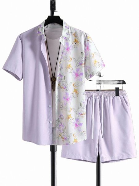 

men random floral print shirt & drawstring waist shorts without tee 66od#, Gray