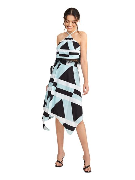 

x kes geo print fringe hem halter & hanky hem skirt a72q#, White