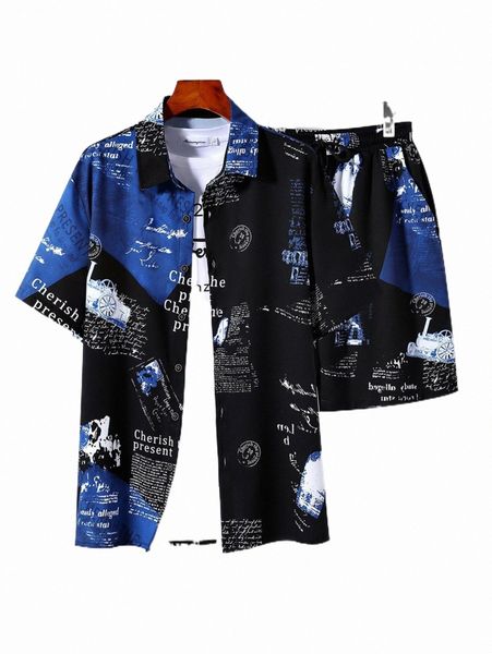 

men slogan graphic shirt & drawstring waist shorts without tee 88t3#, Gray