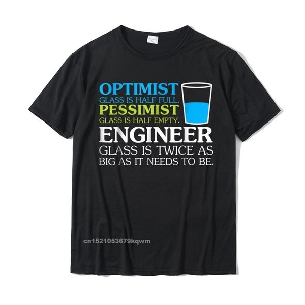 Забавный инженер оптимист пессимист стеклянный футболка уникальная футболка хлопчатобу