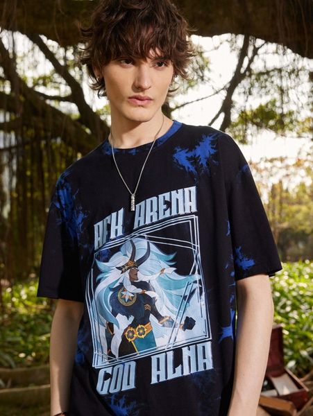 

romwe x afk arena guys letter cartoon graphic tie dye tee b6rg#, White;black