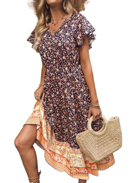 

floral print butterfly sleeve a-line dress 70nh#, Black;gray