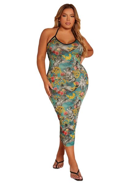 

sxy plus baroque & floral print contrast binding tied backless dress u92p#, Black
