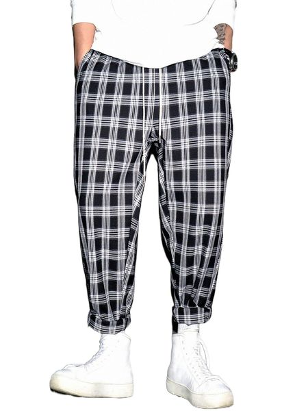

men plaid print drawstring waist pants r03z#, Black
