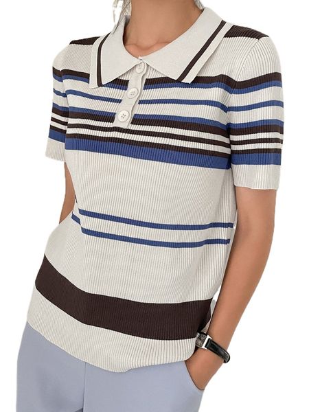

dazy striped pattern polo neck knit f31n#, White;black