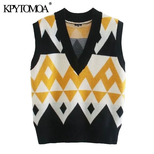 

kpytomoa women fashion geometric pattern loose knitted vest sweater vintage v neck sleeveless female waistcoat chic y201128, Black;white