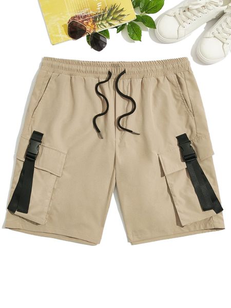 

men buckled detail flap pocket side drawstring waist shorts b3si#, White;black