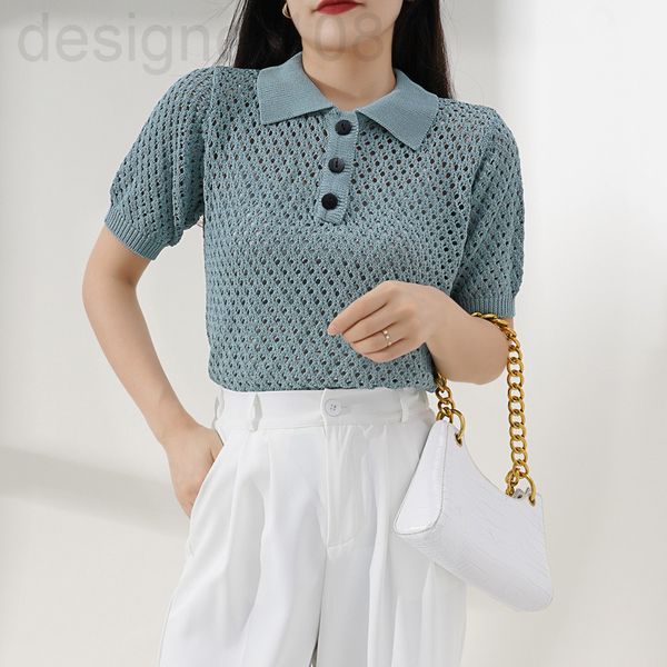 

women's knits & tees designer []new summer hong kong style fashionable temperament mesh polo collar short foreign knitted women 4wls, White