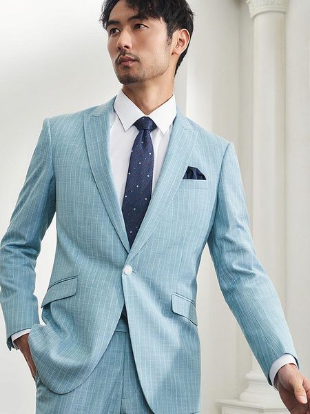 Erkekler Suits Blazers Erkekler Uygun Mavi Şerit Moda Leisure Blazer Pant Seti 2022 İlkbahar Yaz Düğün Damat Giyim İşadamı Giyim