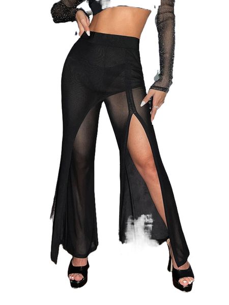 

contrast mesh split thigh flare leg pants without panty b69b#, Black;white